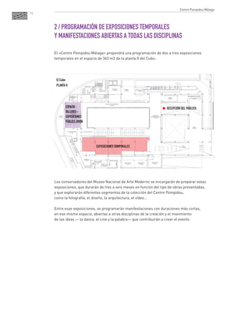 14 
2 / PROGRAMACIÓN DE EXPOSICIONES TEMPORALES 
Y MANIFESTACIONES ABIERTAS A TODAS LAS DISCIPLINAS 
El «Centre Pompidou Málaga» propondrá una programación de dos a tres exposiciones 
temporales en el espacio de 363 m2 de la planta 0 del Cubo.. 
Los conservadores del Museo Nacional de Arte Moderno se encargarán de preparar estas 
exposiciones, que durarán de tres a seis meses en función del tipo de obras presentadas, 
y que explorarán diferentes segmentos de la colección del Centre Pompidou, 
como la fotografía, el diseño, la arquitectura, el vídeo... 
Entre esas exposiciones, se programarán manifestaciones con duraciones más cortas, 
en ese mismo espacio, abiertas a otras disciplinas de la creación y el movimiento 
de las ideas — la danza, el cine y la palabra— que contribuirán a crear el evento. 
RECEPCIÓN DEL PÚBLICO 
EXPOSICIONES TEMPORALES 
ESPACIO 
TALLERES - 
EXPOSICIONES 
PÚBLICO JOVEN 
El Cubo 
PLANTA 0 
Centre Pompidou Málaga 
 