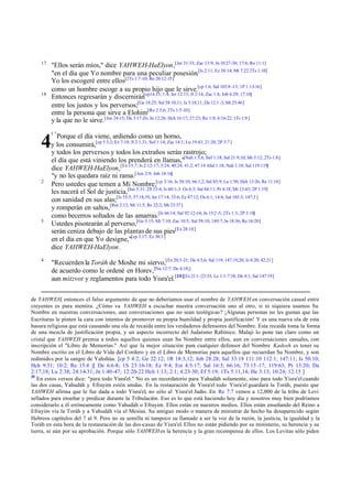 17

"Ellos serán míos," dice YAHWEH-HaElyon,[Jer 31:33; Zac 13:9; Jn 10:27-30; 17:6; Ro 11:1]
"en el día que Yo nombre para una peculiar posesión.[Is 2:11; Ez 38:14; Mt 7:22 2Ts 1:10]
Yo los escogeré entre ellos[2Ts 1:7 -10; Re 20:12-15]
como un hombre escoge a su propio hijo que le sirve.[cp 1:6; Sal 103:8 -13; 1P 1:13-16]
Entonces regresarán y discernirán[cp14,15; 1:4; Jer 12:15; Jl 2:14; Zac 1:6; Job 6:29; 17:10]
entre los justos y los perversos;[Ge 18:25; Sal 58:10,11; Is 3:10,11; Da 12:1 -3; Mt 25:46]
entre la persona que sirve a Elohim[Ro 2:5,6; 2Ts 1:5 -10]
y la que no le sirve. [Jos 24:15; Da 3:17-26; Jn 12:26; Hch 16:17; 27:23; Ro 1:9; 6:16-22; 1Ts 1:9 ]

18

1"

Porque el día viene, ardiendo como un horno,
y los consumirá,[cp 5 3:2; Ez 7:10; Jl 2:1,31; Sof 1:14; Zac 14:1; Lu 19:43; 21:20; 2P 3:7 ]
y todos los perversos y todos los extraños serán rastrojo;
el día que está viniendo los prenderá en llamas,"[Nah 1:5,6; Sof 1:18; Sal 21:9,10; Mt 3:12; 2Ts 1:8]
dice YAHWEH-HaElyon,[Ex 15:7; Is 2:12-17; 5:24; 40:24; 41:2; 47:14 Abd 1:18; Nah 1:10; Sal 119:119]
"y no les quedara raíz ni rama.[Am 2:9; Job 18:16]
Pero ustedes que temen a Mi Nombre,[cp 3:16; Is 50:10; 66:1,2; Sal 85:9; Lu 1:50; Hch 13:26; Re 11:18]
les nacerá el Sol de justicia,[Jue 5:31; 2S 23:4; Is 60:1-3: Os 6:3; Sal 84:11; Pr 4:18; Mt 13:43; 2P 1:19]
con sanidad en sus alas;[Is 53:5; 57:18,19; Jer 17:14; 33:6; Ez 47:12; Os 6:1; 14:4; Sal 103:3; 147:3 ]
y romperán en saltos,[Rut 2:12; Mt 11:5; Re 22:2; Mt 23:37]
como becerros soltados de las amarras.[Is 66:14; Sal 92:12-14; Jn 15:2 -5; 2Ts 1:3; 2P 3:18]
Ustedes pisotearán al perverso,[Ge 3:15; Mi 7:10; Zac 10:5; Sal 58:10; 149:7; Jn 18:36; Ro 16:20]
serán ceniza debajo de las plantas de sus pies[Ex 28:18]
en el día en que Yo designe,"[cp 3:17; Ez 30:3 ]
dice YAHWEH-HaElyon.

4
2

3

4

"Recuerden la Toráh de Moshe mi siervo,[Ex 20:3 -21; De 4:5,6; Sal 119; 147:19,20; Is 8:20; 42:21]
de acuerdo como le ordené en Horev, [Nu 12:7; De 4:10;]
aun mitzvot y reglamentos para todo Yisra'el.[20][Ex 21:1 -23:33; Le 1:1-7:38; De 4:1; Sal 147:19]

de YAHWEH, entonces el falso argumento de que no deberíamos usar el nombre de YAHWEH en conversación casual entre
creyentes es pura mentira. ¿Cómo va YAHWEH a escuchar nuestra conversación uno al otro, si ni siquiera usamos Su
Nombre en nuestras conversaciones, aun conversaciones que no sean teológicas? ¡Algunas personas no les gustan que las
Escrituras le pinten la cara con intentos de promover su propia humildad y propia justificación! Y es una nueva ola de esta
basura religiosa que está causando una ola de recaída entre los verdaderos defensores del Nombre. Esta recaída toma la forma
de una mezcla de justificación propia, y un aspecto incorrecto del Judaísmo Rabínico. Malaji lo pone tan claro como un
cristal que YAHWEH premia a todos aquellos quienes usan Su Nombre entre ellos, aun en conversaciones casuales, con
inscripción el "Libro de Memorias." Así que la mejor situación para cualquier defensor del Nombre Kadosh es tener su
Nombre escrito en el Libro de Vida del Cordero y en el Libro de Memorias para aquellos que recuerdan Su Nombre, y son
redimidos por la sangre de Yahshúa. [cp 5 4:2; Ge 22:12; 1R 18:3,12; Job 28:28; Sal 33:18 111:10 112:1; 147:11; Is 50:10;
Hch 9:31; 10:2; Re 15:4 ][ De 6:6-8; 1S 23:16-18; Ez 9:4; Est 4:5-17; Sal 16:3; 66:16; 73:15 -17; 119:63; Pr 13:20; Da
2:17,18; Lu 2:38; 24:14-31; Jn 1:40-47; 12:20-22 Hch 1:13; 2:1; 4:23-30; Ef 5:19; 1Ts 5:11,14; He 3:13; 10:24; 12:15 ]
20
En estos versos dice: "para todo Yisra'el." No es un recordatorio para Yahudáh solamente, sino para todo Yisra'el cuando
las dos casas, Yahudáh y Efrayim estén unidas. En la restauración de Yisra'el todo Yisra'el guardará la Toráh, puesto que
YAHWEH afirma que le fue dada a todo Yisra'el, no sólo al Yisra'el Judío. En Re 7:7 vemos a 12,000 de la tribu de Levi
sellados para enseñar y predicar durante la Tribulación. Eso es lo que está haciendo hoy día y nosotros muy bien podríamos
considerarlo a él erróneamente como Yahudáh o Efrayim. Ellos están en nuestros medios. Ellos están enseñando del Reino a
Efrayim vía la Toráh y a Yahudáh vía el Mesías. Su antiguo modo o manera de ministrar de hecho ha desaparecido según
Hebreos capítulos del 7 al 9. Pero no su semilla ni tampoco su llamado a ser la voz de la razón, la justicia, la igualdad y la
Toráh en esta hora de la restauración de las dos-casas de Yisra'el. Ellos no están pidiendo por su ministerio, su herencia y su
tierra, ni aún por su aprobación. Porque sólo YAHWEH es la herencia y la gran recompensa de ellos. Los Levitas sólo piden

 
