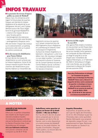 N° 74INFOS TRAVAUX 
16 
La poursuite des travaux d’espaces 
publics au centre de Malakoff 
Depuis mars, les entreprises amé-nagent 
la future place de quartier, 
l’espace vert derrière le linéaire 
Angleterre et les abords de la rue 
d’Angleterre. Mi avril, une 2e phase 
démarre autour des Tours Angle-terre 
et du gymnase Malakoff IV : 
- création d’un espace de jeux 
pour les plus petits, 
- réaménagement du stationne-ment 
au nord (côté voies ferrées), 
- aménagements d’espaces verts. 
Afi n de limiter l’impact des travaux 
sur le stationnement, un parking 
provisoire a été créé sur la place 
du centre commercial. 
Fin des travaux de réhabilitation 
pour Nantes Habitat 
En mars dernier, les travaux de 
réhabilitation se sont achevés par 
le linéaire Angleterre. Cette fi n de 
travaux marque le point fi nal des 
chantiers de réhabilitation pour 
Nantes Habitat sur l’ensemble des 
logements sociaux du quartier. 
La 2e phase comportait plus de 
600 logements (tours Angleterre 
et Luxembourg et linéaires Tché-coslovaquie 
et Angleterre). 
Au bout du linéaire Angleterre, le 
bâtiment « Sémaphore » a été livré 
début mars. De nouveaux ménages 
s’y sont déjà installés. Y arriveront 
très bientôt la Poste et l’antenne 
Est du Conseil Général incluant le 
Centre Médico-Social, la Protec-tion 
Médicale Infantile et l’unité 
Vie Sociale et Insertion. 
Arrivée de Pôle emploi 
fi n mai 2014 
Une agence Pôle emploi s’installera 
en mai prochain rue de Chypre dans 
l’immeuble « Europa » (à proximité 
de la tour Irlande). Cette opération 
est composée de deux bâtiments : 
un étage le long de la rue de 
Chypre avec l’installation de 
l’agence Pôle Emploi, un 2e bâtiment 
de 3500 m² de bureaux à 5 étages 
côté voies ferrées, qui accueillera 
notamment la Maison De l’Emploi 
(arrivée automne 2014). 
Pour plus d’informations et échanger 
sur l’évolution du quartier, 
rendez-vous à la Boutique du Nouveau 
Malakoff. Venez aussi y découvrir la 
maquette du futur centre commercial 
du quartier. La boutique se trouve 
place du centre commercial de 
Malakoff et est ouverte du mardi au 
jeudi de 9h30 à 12h30. 
Tél. : 02 40 48 40 74. Site internet : 
www.lenouveaumalakoff.com 
A NOTER 
ARRIVÉE D’UN PAVILLON 
COMPOSTEUR 
Début juin, un pavillon composteur 
sera installé rue de Chypre à proxi-mité 
de la résidence Giardini. 
Ce composteur atypique a été des-siné 
par les Ekovores et construit par 
le chantier d’insertion Atao. Il sera 
disponible pour 40 ménages. 
Avis aux habitants intéressés, 
vous pouvez contacter Léa de 
Compostri au 06 48 37 79 66 
Embellissez votre quartier et 
agissez en faveur de la biodi-versité 
: « Ma rue en fleur » 
Du 4 au 20 avril, des kits de plan-tation, 
proposés par le service 
des espaces vert de la Ville de 
Nantes, sont à votre disposition 
à la mairie annexe de Malakoff. 
Semez sur les pieds d’arbres, les 
façades d’immeubles, d’équipe-ments 
publics, ou encore dans les 
fissures des trottoirs… 
Enquête Chronobus 
Aujourd’hui, le quartier est des-servi 
par les lignes de Chronobus 
C3 et C5. Afin d’évaluer la part du 
Chronobus dans votre quotidien, 
Nantes Métropole vous propose 
de répondre, jusque fin juin, à un 
questionnaire en ligne. Retrouver 
cette enquête sur nantes.fr ou 
nantesmetropole.fr. 
Photo : Patrick Ta / Accoord 
Photo : Sylvie 
 