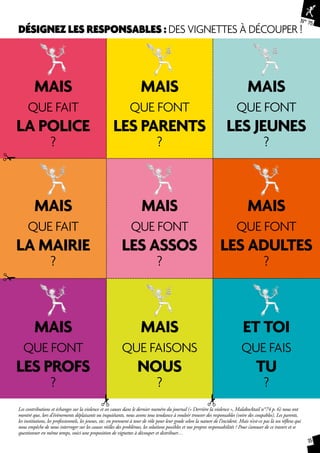 N° 75 
MAIS 
que font 
lES JEUNES 
? 
MAIS 
que font 
lES ADULTES 
15 
DÉSIGNEZ LES RESPONSABLES : DES VIGNETTES À DÉCOUPER ! 
MAIS 
que faiT 
la police? 
MAIS 
que faiT 
la MAIRIE 
? 
MAIS 
que fONT 
lES PROFS 
? 
MAIS 
que font 
lES PARENTS 
? 
MAIS 
que font 
lES ASSOS 
? 
MAIS 
que fAISONS 
NOUS 
? 
? 
ET TOI 
que fAIS 
TU 
? 
Les contributions et échanges sur la violence et ses causes dans le dernier numéro du journal (« Derrière la violence », Malakocktail n°74 p. 6) nous ont 
montré que, lors d’évènements déplaisants ou inquiétants, nous avons tous tendance à vouloir trouver des responsables (voire des coupables). Les parents, 
les institutions, les professionnels, les jeunes, etc. en prennent à tour de rôle pour leur grade selon la nature de l’incident. Mais n’est-ce pas là un réflexe qui 
nous empêche de nous interroger sur les causes réelles des problèmes, les solutions possibles et nos propres responsabilités ? Pour s’amuser de ce travers et se 
questionner en même temps, voici une proposition de vignettes à découper et distribuer… 
 