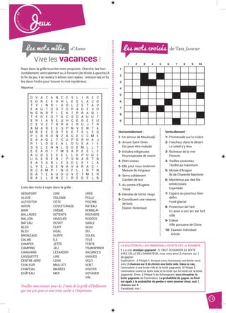19
Malak
ocktailn° 77
Jeux
Vive les vacances !
de Tata Jeanne
D V A C A N C E S L I R E C
E O R E E V H L E E L A C O
T Y I N R I A O L Z E T A V
E A U T O S T O P A D E S O
N G N R P I E K I R R A Q I
T E O E O T A C S D A U U T
E R I A R E U H C E G E E U
C E V E T R R A I R U J T R
A M A R E E S P N V E N T A
M B E E C O T E E T E L E G
P L B R O N Z A G E C C M E
E A A O L T C U P G R H A J
R I L D O E A L G U E A I E
S S L E N N L O O E M L L T
E E A O I T M S A P E E L E
A U D S E E E L L E P U O E
U G E R E R I P S N A R T B
E A S A B L E S O L E I L A
L V E L O E N A V A R A C I
B C A M P I N G F L I R T N
B A T E A U D U V E T M E R
B A L L O N C I R E D E L B
Les mots mêlés Les mots croisés
Raye dans la grille tous les mots proposés. Cherche-les hori-
zontalement, verticalement ou à l’envers (de droite à gauche).A
la ﬁn du jeu, il te restera 5 lettres non rayées : entoure-les et lis
les dans l’ordre pour trouver le mot mystérieux.
Réponse :.......................................................................................
1 2 3 4 5 6 7 8 9 10
1
2
3
4
5
6
7
8
9
Liste des mots à rayer dans la grille :
AÉROPORT CIRÉ ORÉE
ALGUE COLONIE PELLE
AUTOSTOP CÔTE PISCINE
AVION COVOITURAGE RATEAU
BAIN CRÈME REMBLAI
BALLADES DÉTENTE ROCHERS
BALLON DRAGUÉE RODÉOS
BATEAU DUVET SABLE
BLED FLIRT SEAU
BLEU GOAL SEL
BRONZAGE GUÊPE SOLEIL
CALME ÎLE TÉLÉ
CAMPER JETÉE TENTE
CAMPING JEU TRANSPIRER
CARAVANE LÉZARDER VACANCES
CASQUETTE LIRE VAGUES
CENTRE AÉRÉ LOOK VÉLO
CHALEUR MAILLOT VENT
CHAPEAU MARÉES VISITER
CHÂTEAU MER VOYAGER
YIN
d’Anne
LA SOLUTION DU «JEU PARADOXAL» DU N°76 EST LA SUIVANTE :
Il y a une stratégie gagnante : IL FAUT ECHANGER SA BOITE
AVEC CELLE DE L’ANIMATEUR, vous avez ainsi 2 chances sur 3
de gagner.
Explication : A l’étape 1, lorsque vous choisissez une boite, vous
avez 2 chances sur 3 de choisir une boite vide. Dans ce cas,
l’animateur a une boite vide et la boite gagnante. A l’étape 2,
l’animateur ouvre sa boite vide, et la boite qui lui reste est la boite
gagnante. Donc, à l’étape 3, en échangeant, vous récupérez la
boite gagnante de l’animateur. La probabilité de gagner au ﬁnal
est égale à la probabilité de perdre à votre premier choix, soit 2
chances sur 3.
Paradoxal, non ?
Veuillez nous excuser pour les 2 mots de la grille d’Halloween
qui ont pris peur et sont restés cachés à l’impression.
Horizontalement :
1- Un amour de Mouloudji
2- Arrose Saint Omer
Est peut-être malade
3- Initiales religieuses
Pourvoyeuses de savoir
4- Petit oiseau
5- Elle peut vous endormir
Mesure de longueur
6- Serra solidement
Gardien de but
7- Au centre d’Eugène
Troue
8- Héroïne de Victor Hugo
9- Constituent une réserve
de bois
Espion historique
Verticalement :
1- Promenade sur la rivière
2- Fraicheur dans le désert
Le soleil s’y lève
3- Richesse de la mer
Pronom
4- Vieilles coutumes
Tendre au maximum
5- Musée d’Aragon
Île de Charente Maritime
6- Maintenue par des ﬁls
entrecroisés
Enjambée
7- Espace au pourtour bien
déﬁni
Froid glacial
8- Protection de l’œil
En avoir à son arc est fort
utile
9- Enlève
Ville portuaire de Chine
10- Examen individuel
Article
 