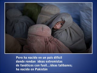 Pero ha nacido en un país difícil
donde rondan ideas extremistas
de fanáticos con fusil…ideas talibanes;
ha nacido en Pakistán
 