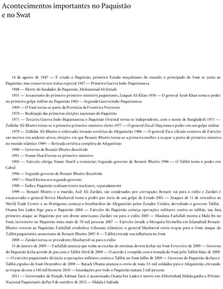Acontecimentos importantes no Paquistão
e no Swat
14 de agosto de 1947 — É criado o Paquistão, primeiro Estado muçulmano do mundo; o principado do Swat se junta ao
Paquistão, mas conserva seu status especial 1947 — Primeira Guerra Indo-Paquistanesa
1948 — Morte do fundador do Paquistão, MohammadAli Jinnah
1951 — Assassinato do primeiro primeiro-ministro paquistanês, Liaquat Ali Khan 1958 — O general Ayub Khan toma o poder
no primeiro golpe militar no Paquistão 1965 — Segunda Guerra Indo-Paquistanesa
1969 — O Swat torna-se parte da Província da Fronteira Noroeste
1970 — Realização das primeiras eleições nacionais do Paquistão
1971 — Terceira Guerra Indo-Paquistanesa; o Paquistão Oriental torna-se independente, com o nome de Bangladesh 1971 —
Zulkifar Ali Bhutto torna-se o primeiro primeiro-ministro eleito 1977 — O general Zia ul-Haq toma o poder em um golpe militar
1979 — Zulkifar Ali Bhutto é enforcado; invasão soviética do Afeganistão 1988 — O general Zia e oficiais seniores do Exército
são mortos em acidente aéreo; eleições em que Benazir Bhutto torna-se a primeira mulher a ocupar o posto de primeira-ministra
no mundo islâmico 1989 — Retirada soviética completa do Afeganistão
1990 — Governo de Benazir Bhutto dissolvido
1991 — Nawaz Sharif torna-se primeiro-ministro
1993 — Exército obriga Nawaz Sharif a renunciar; Segundo governo de Benazir Bhutto 1996 — O Talibã toma o poder em
Cabul
1996 — Segundo governo de Benazir Bhutto dissolvido
1997 — Sharif forma seu segundo governo
1998 — Índia e Paquistão realizam testes nucleares, separadamente
1999 — Benazir Bhutto e o marido, Asif Ali Zardari, são condenados por corrupção; Benazir vai para o exílio e Zardari é
encarcerado; o general Pervez Musharraf toma o poder por meio de um golpe de Estado 2001 — Ataques de 11 de setembro ao
World Trade Center e ao Pentágono; começa o bombardeio do Afeganistão pelos Estados Unidos; derrubado o governo Talibã;
Osama bin Laden foge para o Paquistão 2004 — Exército do Paquistão começa operações militares contra os talibãs, nas fata;
primeiro ataque ao Paquistão por um drone americano; Zardari vai para o exílio 2005 — Maulana Fazlullah monta a Mulá fm no
Swat; terremoto no Paquistão mata mais de 70 mil pessoas 2007 — Exército invade a Mesquita Vermelha em Islamabad; Benazir
Bhutto retorna ao Paquistão; Fazlullah estabelece tribunais islâmicos; o general Musharraf envia tropas para o Swat; ataque do
Talibã paquistanês; assassinato de Benazir Bhutto 2007-9 — Talibã estende sua influência no Swat
2008 — Zardari torna-se presidente; Musharraf vai para o exílio
15 de janeiro de 2009 — Fazlullah anuncia que todas as escolas de meninas devem fechar no Swat Fevereiro de 2009 — Governo
do Paquistão fecha acordo de paz com o Talibã Abril de 2009 — O acordo é rompido com a tomada do Swat pelo Talibã Maio de 2009
— O exército paquistanês dá início a operações militares contra o Talibã, no Swat Julho de 2009 — Governo do Paquistão declara o
Talibã expulso do Swat Dezembro de 2009 — Barack Obama anuncia o envio de mais 33 mil soldados para o Afeganistão, elevando
as tropas da onu a 140 mil homens 2010 — Inundações por todo o Paquistão matam 2 mil pessoas
2011 — Governador de Punjab, Salman Tasir, é assassinado; Osama bin Laden é morto em Abbottabad; Malala ganha o Prêmio
Nacional Paquistanês da Paz 9 de outubro de 2012 — Malala é baleada
 