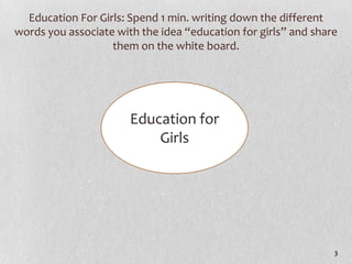 Education For Girls: Spend 1 min. writing down the different
words you associate with the idea “education for girls” and share
                   them on the white board.




                       Education for
                           Girls




                                                                3
 
