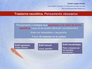 Centre López Vicuña Cures Auxiliars d´Infermeria. C7- Recolzament psicològic al pacient http://recolzamentpsicologic.blogspot.com Trastorns neuròtics.  Pensaments obsessius Pensaments o imatges que  apareixen a la ment de forma repetititva  i que no es poden allunyar vountàriament. Solen ser detestables o repugnants  Freud:  El malestar en la cultura Estil sexual incest, pedofília Estil escatològic Plaer o desplaer per les deixalles, excrements.... Estil agressiu  instint criminal 