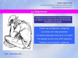 Centre López Vicuña Cures Auxiliars d´Infermeria. C7- Recolzament psicològic al pacient http://recolzamentpsicologic.blogspot.com La Depressió Sentiment de tristesa intens i desproporcionat en relació a la magnitud del fet que el provoca. Persisteix en el temps. Poden ser endògenes o exògenes Les dones són més propenses Un episodi depressiu dura de 6 a 9 mesos Pot allargar-se dos anys (20% pacients) Tendeix a ser recurrent= repetir-se  font: miscartas.com 