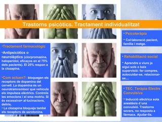 Escoltar Trastorns psicòtics. Tractament individualitzat Tractament farmacològic Antipsicòtics o neurolèptics  (clorpromazina, haloperidol, eficaços en el 75% dels pacients). El 25% respon a la clozapina.  Com actuen?:   bloquegen els receptors de dopamina del cervell. La dopamina és un neurotramnsmisor que vehicula els impulsos elèctrics. Controla les emocions i el sma motriu. Si és excessiva= al·lucinacions, deliris.  La clozapina bloqueja també els receptors de serotonina. Psicoteràpia Col·laboració pacient, família i metge. Rehabilitació social Aprendre a viure ja sigui sols o baix supervisió: fer compres, autocuidar-se, relacionar-se....  TEC. Teràpia Electre Convulsiva Inducció elèctrica sota anestèsia d´una convulsió. Trastorns severs, no resposta a fàrmacs. Ajudar-lis. 