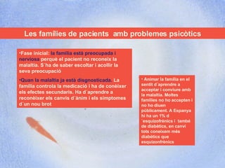 Les famílies de pacients  amb problemes psicòtics Fase inicial:  la família està preocupada i nerviosa  perquè el pacient no reconeix la malaltia. S´ha de saber escoltar i acollir la seva preocupació  Quan la malaltia ja està disgnosticada.  La família controla la medicació i ha de conèixer els efectes secundaris. Ha d´aprendre a reconèixer els canvis d´ànim i els símptomes d´un nou brot Animar la família en el sentit d´aprendre a acceptar i conviure amb la malaltia. Moltes famílies no ho accepten i no ho diuen públicament. A Espanya hi ha un 1% d´esquizofrènics i  també de diabètics, en canvi tots coneixem més diabètics que esquizonfrènics 