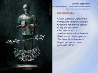 Centre López Vicuña Cures Auxiliars d´Infermeria. C7- Recolzament psicològic al pacient http://recolzamentpsicologic.blogspot.com Conseqüències:  No m´entenen. Introversió. Pèrdua de relacions socials  Descens rendiment escolar Caiguda del cabell Pot afectar el cor - palpitacions- i la funció renal Fred sense causa aparent. Sentiments ambivalents: alegria per perdre pes i ganes de plorar.  