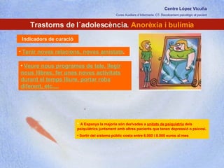 Centre López Vicuña Cures Auxiliars d´Infermeria. C7- Recolzament psicològic al pacient http://recolzamentpsicologic.blogspot.com Trastorns de l´adolescència.  Anorèxia i bulímia Indicadors de curació Tenir noves relacions, noves amistats .  Veure nous programes de tele, llegir nous llibres, fer unes noves activitats durant el temps lliure, portar roba diferent, etc.... A Espanya la majoria són derivades a  unitats de psiquiatria  dels psiquiàtrics juntament amb altres pacients que tenen depressió o psicosi.  Sortir del sistema públic costa entre 6.000 i 8.000 euros al mes 