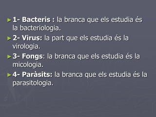 ► 1-  Bacteris : la branca que els estudia és
  la bacteriologia.
► 2- Virus: la part que els estudia és la
  virologia.
► 3- Fongs: la branca que els estudia és la
  micologia.
► 4- Paràsits: la branca que els estudia és la
  parasitologia.
 