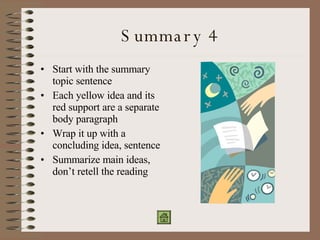 Summary 4 Start with the summary topic sentence Each yellow idea and its red support are a separate body paragraph Wrap it up with a concluding idea, sentence Summarize main ideas, don’t retell the reading 
