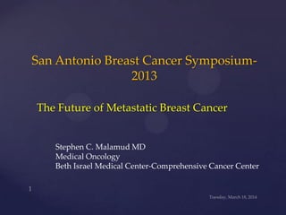 San Antonio Breast Cancer Symposium-
2013
The Future of Metastatic Breast Cancer
Stephen C. Malamud MD
Medical Oncology
Beth Israel Medical Center-Comprehensive Cancer Center
 