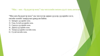 “Мах – өөх - бүдүүвтэр ноос”-ны чиглэлийн өөхөн сүүлт хонь ангилах
“Мах-өөх-бүдүүвтэр ноос”-ны чиглэлээр дараах үүлдэр, үүлдрийн хэсэг,
омгийн хонийг хамруулан үржүүлж байна:
1) Байдраг үүлдрийн хонь
2) Говь-Алтай үүлдрийн хонь
3) Сартуул үүлдрийн хонь
4) Дархад үүлдрийн хонь
5) Тамир үүлдрийн хэсгийн хонь
6) Сутай омгийн хонь
 