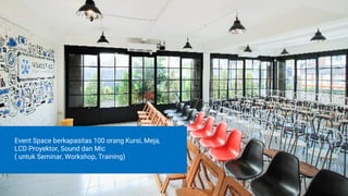 APA SAJA YANG TERSEDIA?
Event Space berkapasitas 100 orang Kursi, Meja,
LCD Proyektor, Sound dan Mic
( untuk Seminar, Workshop, Training)
Event Space berkapasitas 100 orang Kursi, Meja,
LCD Proyektor, Sound dan Mic
( untuk Seminar, Workshop, Training)
 