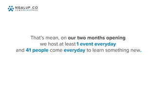 That’s mean, on our two months opening
we host at least 1 event everyday
and 41 people come everyday to learn something new.
 