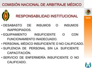 COMISIÓN NACIONAL DE ARBITRAJE MÉDICO
RESPONSABILIDAD INSTITUCIONAL
• DESABASTO DE INSUMOS O INSUMOS
INAPROPIADOS.
• EQUIPAMIENTO INSUFICIENTE O CON
FUNCIONAMIENTO INADECUADO.
• PERSONAL MÉDICO INSUFICIENTE O NO CALIFICADO.
• SUPLENCIA DE PERSONAL SIN LA SUFICIENTE
CAPACITACIÓN.
• SERVICIO DE ENFERMERÍA INSUFICIENTE O NO
CALIFICADO.
 