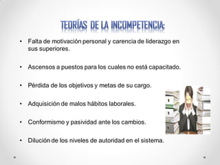 • Falta de motivación personal y carencia de liderazgo en
sus superiores.
• Ascensos a puestos para los cuales no está capacitado.
• Pérdida de los objetivos y metas de su cargo.
• Adquisición de malos hábitos laborales.
• Conformismo y pasividad ante los cambios.
• Dilución de los niveles de autoridad en el sistema.
 