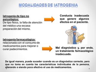 Iatrogenia de tipo no
psicológico:
De tipo físico, la falta de atención
del médico una escasa
preparación del mismo.
Conducta inadecuada
que genere algunos
efectos en el paciente.
Iatrogenia farmacológica:
relacionada con el consumo de
medicamentos para mejorar o
curar padecimientos.
Mal diagnóstico y, por ende,
un tratamiento farmacológico
inadecuado.
De igual manera, puede suceder cuando es un diagnóstico correcto, pero
que no toma en cuenta las características individuales de la persona,
alterando o siendo poco efectivo el uso de medicamentos.
 