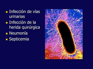  Infección de vías
urinarias
 Infección de la
herida quirúrgica
 Neumonía
 Septicemia
 