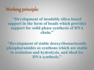 Working principle:
“Development of insoluble silica-based
support in the form of beads which provides
support for solid phase synthesis of DNA
chain.”
“Development of stable deoxyribonucleoside
phosphoramides as synthons which are stable
to oxidation and hydrolysis, and ideal for
DNA synthesis.”
 