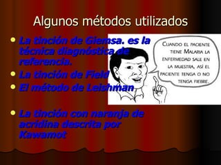 Algunos métodos utilizados La tinción de Giemsa. es la técnica diagnóstica de referencia.  La tinción de Field  El método de Leishman  La tinción con naranja de acridina descrita por Kawamot   