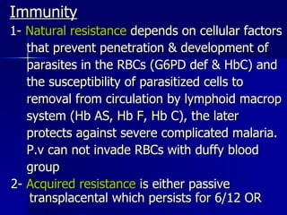Immunity 1-  Natural resistance  depends on cellular factors that prevent penetration & development of parasites in the RBCs (G6PD def & HbC) and the susceptibility of parasitized cells to removal from circulation by lymphoid macrop system (Hb AS, Hb F, Hb C), the later  protects against severe complicated malaria. P.v can not invade RBCs with duffy blood group 2-  Acquired resistance  is either passive  transplacental which persists for 6/12 OR  
