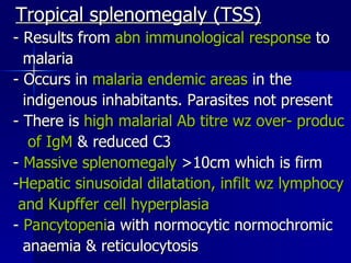 Tropical splenomegaly (TSS) - Results from  abn immunological response  to malaria - Occurs in  malaria endemic areas  in the indigenous inhabitants. Parasites not present - There is  high malarial Ab titre wz over- produc of IgM  & reduced C3 -  Massive splenomegaly  >10cm which is firm - Hepatic sinusoidal dilatation, infilt wz lymphocy and Kupffer cell hyperplasia -  Pancytopeni a with normocytic normochromic anaemia & reticulocytosis 