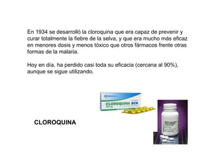 En 1934 se desarrolló la cloroquina que era capaz de prevenir y curar totalmente la fiebre de la selva, y que era mucho más eficaz en menores dosis y menos tóxico que otros fármacos frente otras formas de la malaria. Hoy en día, ha perdido casi toda su eficacia (cercana al 90%), aunque se sigue utilizando. CLOROQUINA 