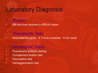 Laboratory Diagnosis Biopsy: BM and liver biopsies in difficult cases Therapeutic Test : Anti-malarials given    if fever subsides    Dx made Serological Tests:   Fluorescent antibody testing Complement fixation test Flocculation test Hemagglutination test 