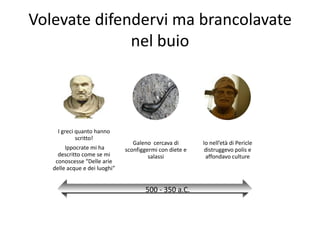 Volevate difendervi ma brancolavate
              nel buio



     I greci quanto hanno
             scritto!
                                  Galeno cercava di       Io nell’età di Pericle
        Ippocrate mi ha        sconfiggermi con diete e    distruggevo polis e
     descritto come se mi               salassi            affondavo culture
    conoscesse “Delle arie
   delle acque e dei luoghi”


                                      500 - 350 a.C.
 