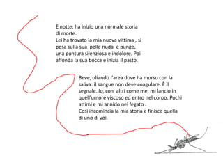 È notte: ha inizio una normale storia
di morte.
Lei ha trovato la mia nuova vittima , si
posa sulla sua pelle nuda e punge,
una puntura silenziosa e indolore. Poi
affonda la sua bocca e inizia il pasto.


          Beve, oliando l'area dove ha morso con la
          saliva: il sangue non deve coagulare. È il
          segnale. Io, con altri come me, mi lancio in
          quell’umore viscoso ed entro nel corpo. Pochi
          attimi e mi annido nel fegato .
          Così incomincia la mia storia e finisce quella
          di uno di voi.
 