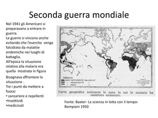 Seconda guerra mondiale
Nel 1941 gli Americani si
preparavano a entrare in
guerra.
Le guerre si vincono anche
evitando che l’esercito venga
falcidiato da malattie
endemiche nei luoghi di
battaglia.
All’epoca la situazione
relativa alla malaria era
quella mostrata in figura
Bisognava affrontare la
situazione .
Tre i punti da mettere a
fuoco:
• zanzariere e repellenti
•Insetticidi                    Fonte: Baxter- La scienza in lotta con il tempo-
•medicinali                     Bompiani 1950
 