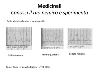 Medicinali
    Conosci il tuo nemico e sperimenta
Delle febbri malariche si sapeva molto:




                                   Febbre quartana   Febbre maligna
 Febbre terzana



Fonte: Abba - manuale d’igiene- UTET 1936
 