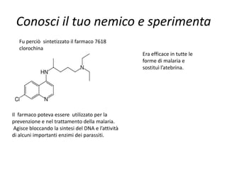 Conosci il tuo nemico e sperimenta
   Fu perciò sintetizzato il farmaco 7618
   clorochina
                                                    Era efficace in tutte le
                                                    forme di malaria e
                                                    sostituì l’atebrina.




Il farmaco poteva essere utilizzato per la
prevenzione e nel trattamento della malaria.
 Agisce bloccando la sintesi del DNA e l’attività
di alcuni importanti enzimi dei parassiti.
 