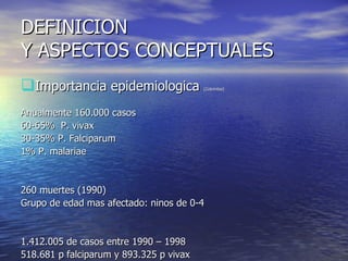 DEFINICION  Y ASPECTOS CONCEPTUALES Importancia epidemiologica  (Colombia) Anualmente 160.000 casos 60-65%  P. vivax 30-35% P. Falciparum 1% P. malariae 260 muertes (1990) Grupo de edad mas afectado: ninos de 0-4  1.412.005 de casos entre 1990 – 1998 518.681 p falciparum y 893.325 p vivax  