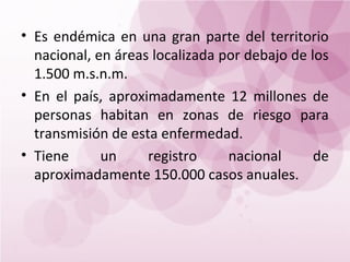 • Es endémica en una gran parte del territorio
  nacional, en áreas localizada por debajo de los
  1.500 m.s.n.m.
• En el país, aproximadamente 12 millones de
  personas habitan en zonas de riesgo para
  transmisión de esta enfermedad.
• Tiene      un     registro     nacional      de
  aproximadamente 150.000 casos anuales.
 