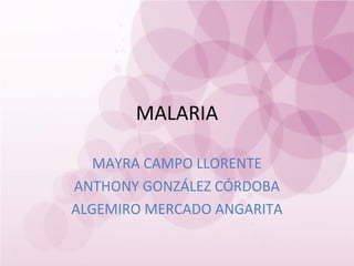 MALARIA

   MAYRA CAMPO LLORENTE
ANTHONY GONZÁLEZ CÓRDOBA
ALGEMIRO MERCADO ANGARITA
 