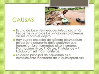 CAUSAS
   Es una de las enfermedades infecciosas más
    frecuentes y uno de los principales problemas
    de salud para el viajero.
   Hay cuatro especies del género plasmodium
    (el parásito causante del paludismo) que
    transmiten la enfermedad al ser humano:
    Plasmodium vivax, P. Ovale, P. Malariae y P.
    Falciporum (el más mortífero).
   La causa principal de paludismo es el
    cumplimiento incorrecto de la quimioprofilaxis
 