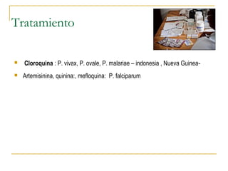 Tratamiento
 Cloroquina : P. vivax, P. ovale, P. malariae – indonesia , Nueva Guinea-
 Artemisinina, quinina:, mefloquina: P. falciparum
 