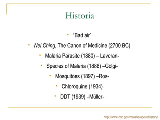 Historia
 “Bad air”
 Nei Ching, The Canon of Medicine (2700 BC)
 Malaria Parasite (1880) – Laveran-
 Species of Malaria (1886) –Golgi-
 Mosquitoes (1897) –Ros-
 Chloroquine (1934)
 DDT (1939) –Müller-
http://www.cdc.gov/malaria/about/history/
 