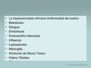 •
•
•
•
•
•
•
•
•
•

La tripanosomiasis africana (enfermedad del sueño)
Babesiosis
Dengue
Ehrlichiosis
Endocarditis infecciosa
Influenza
Leptospirosis
Meningitis
Síndrome de Shock Tóxico
Fiebre Tifoidea

 
