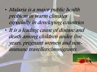 • Malaria is a major public health
problem in warm climates
especially in developing countries.
• It is a leading cause of disease and
death among children under five
years, pregnant women and non-
immune travellers/immigrants
 