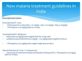 New malaria treatment guidelines in 
Uncomplicated malaria 
Uncomplicated P. vivax- 
 Chloroquine for 3 days (Day 1: 10 mg/kg + Day 2: 10 mg/kg + Day 3: 5mg/kg) 
 + Primaquine 0.25 mg/kg daily for 14 days 
Uncomplicated P. falciparum- 
 Artesunate (4 mg/kg body weight) daily for 3 days and 
 sulfadoxine pyrimethamine (25 mg/kg + 1.25 mg/kg body weight) on Day 0; 
 + Primaquine 0.75 mg/kg body weight single dose on day 2 
Mixed Infections (P. vivax + P. falciparum)- 
 Full course of artemisinin-based combination therapy (ACT) + Primaquine 0.25 mg/kg 
daily for 14 days 
India 
 