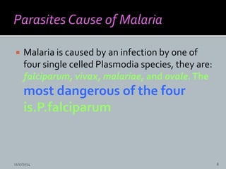  Malaria is caused by an infection by one of
four single celled Plasmodia species, they are:
falciparum, vivax, malariae, and ovale.The
most dangerous of the four
is.P.falciparum
11/17/2014 8