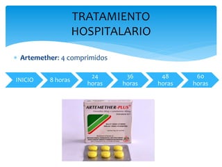  Artemether: 4 comprimidos
TRATAMIENTO
HOSPITALARIO
INICIO 8 horas
24
horas
36
horas
48
horas
60
horas
 
