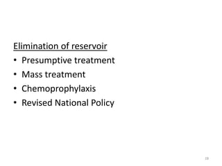 Elimination of reservoir
• Presumptive treatment
• Mass treatment
• Chemoprophylaxis
• Revised National Policy
28
 