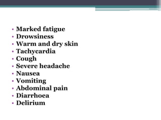• Marked fatigue
• Drowsiness
• Warm and dry skin
• Tachycardia
• Cough
• Severe headache
• Nausea
• Vomiting
• Abdominal pain
• Diarrhoea
• Delirium
 