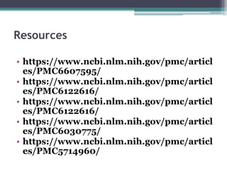 Resources
• https://www.ncbi.nlm.nih.gov/pmc/articl
es/PMC6607595/
• https://www.ncbi.nlm.nih.gov/pmc/articl
es/PMC6122616/
• https://www.ncbi.nlm.nih.gov/pmc/articl
es/PMC6122616/
• https://www.ncbi.nlm.nih.gov/pmc/articl
es/PMC6030775/
• https://www.ncbi.nlm.nih.gov/pmc/articl
es/PMC5714960/
 