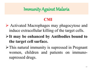 Immunity Against Malaria
CMI
 Activated Macrophages may phagocytose and
induce extracellular killing of the target cells.
It may be enhanced by Antibodies bound to
the target cell surface.
This natural immunity is supressed in Pregnant
women, children and patients on immuno-
supressed drugs.
87
 